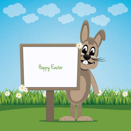 brown bunny behind sign on spring lawn landscapeのイラスト素材