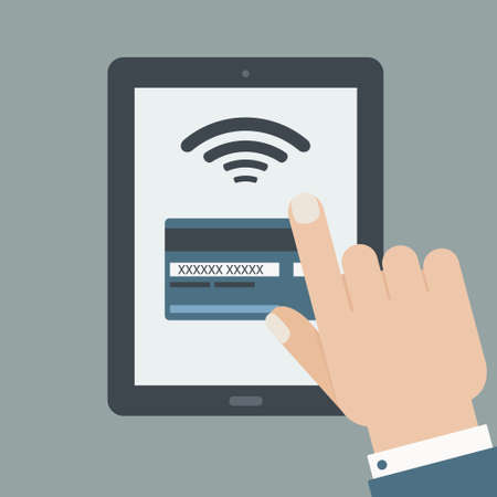 credit card payment hand holding tablet flat designのイラスト素材