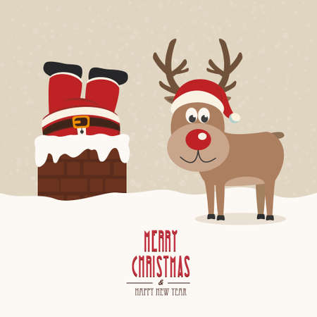 santa stuck in chimney vintage reindeer smile snow backgroundのイラスト素材