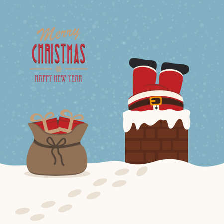 santa stuck in chimney gift bag snow backgroundのイラスト素材