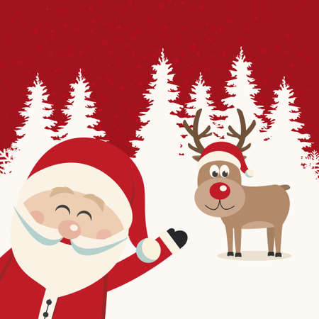 santa wave from side reindeer red nose winter landscapeのイラスト素材