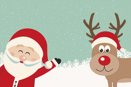 santa wave from side reindeer red nose winter backgroundのイラスト素材