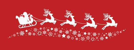 santa sleigh reindeer flying snowflakes stars red backgroundのイラスト素材