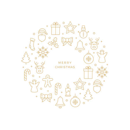 gold christmas line icons circle white backgroundのイラスト素材