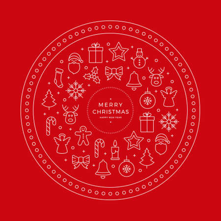 red merry christmas line icons elements circleのイラスト素材