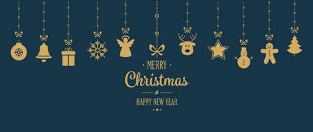 gold christmas ornament hanging blue backgroundのイラスト素材