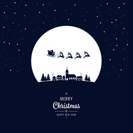 Santa sleigh flying into the winter village christmas nightのイラスト素材