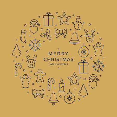 christmas wreath icons elements circle golden backgroundのイラスト素材