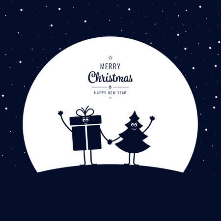 Christmas cartoon figure wave winter night big moon stars backgroundのイラスト素材