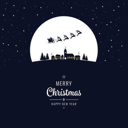 Santa sleigh flying into the winter village christmas nightのイラスト素材
