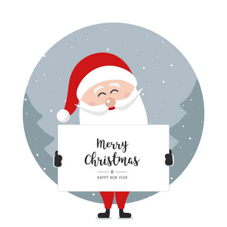 santa claus hold banner merry christmas greeting text winter circle landscape backgroundのイラスト素材
