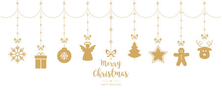 Christmas golden ornament elements hanging isolated white backgroundのイラスト素材