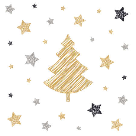 Christmas tree stars scribble card drawing white backgroundのイラスト素材