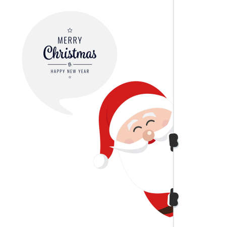 Santa behind board with merry christmas speech bubble.のイラスト素材