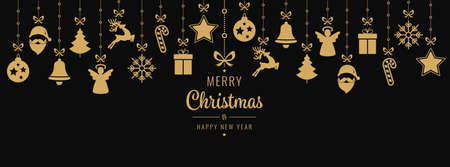 christmas golden ornament elements hanging black backgroundのイラスト素材