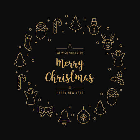 christmas greeting wreath icons elements circle golden black backgroundのイラスト素材
