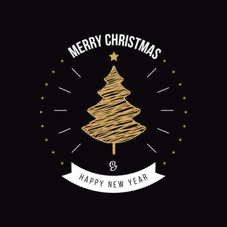 Golden christmas tree scribble drawing greetings black backgroundのイラスト素材