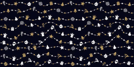 Christmas ornaments on rope line seamless pattern black backgroundのイラスト素材
