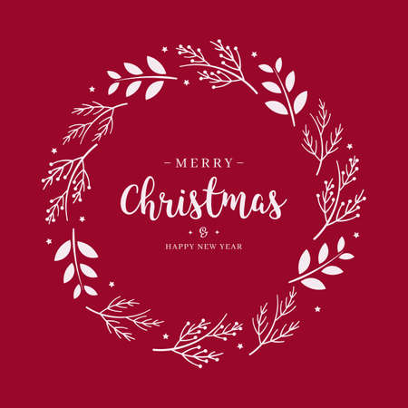 Merry Christmas greeting text branch wreath circle red backgroundのイラスト素材