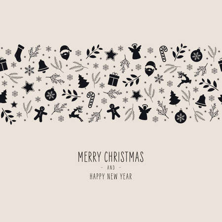 Christmas icon elements border card with greeting text seamless pattern black beige background.のイラスト素材
