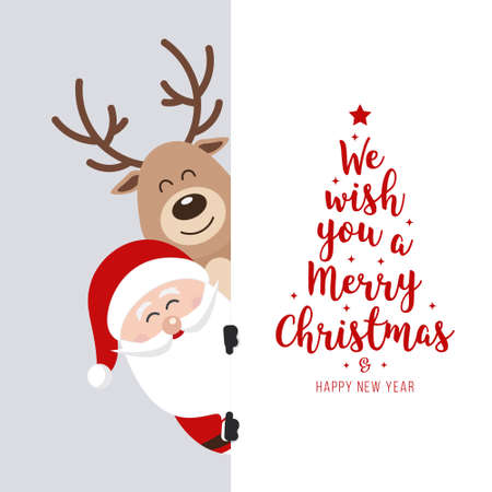 Santa and reindeer cute cartoon with greeting behind white banner background. Christmas cardのイラスト素材
