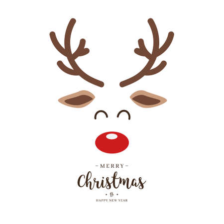 Reindeer red nosed cute close up face with greetings isolated white background. Christmas cardのイラスト素材