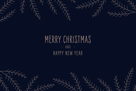 Merry Christmas elegant card with greetings and golden fir pine branches on blue backgroundのイラスト素材