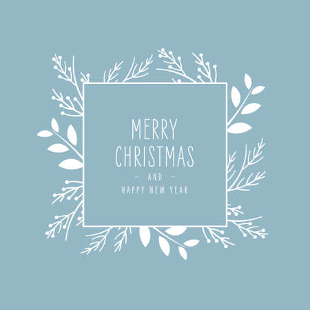 Merry Christmas modern elegant card with frame banner greetings white fir pine branches on blue ice backgroundのイラスト素材