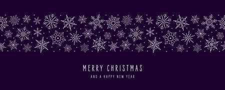 Christmas snowflakes elements ornaments seamless banner greeting card on purple backgroundのイラスト素材