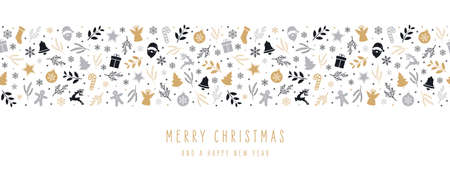 Christmas icon elements border decoration card with greeting text seamless pattern isolated white background.のイラスト素材