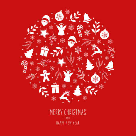 Christmas icons elements decoration bauble greeting card on red backgroundのイラスト素材