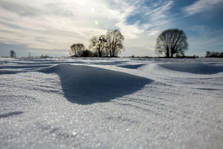 Snowdrifts in the meadow on a sunny dayの写真素材