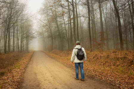 The man is walking into the misty forest, autumn day