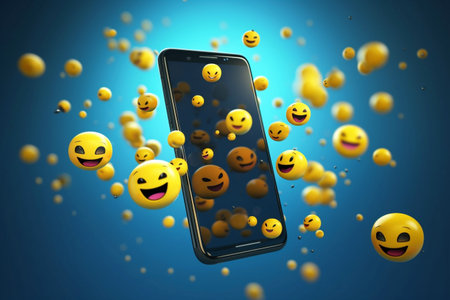 Yellow round emoticon fluttering around the smartphone, generative aiの素材