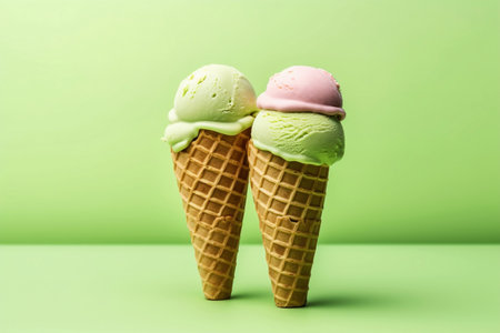 Two fresh green pistachio ice cream in a cone, generative aiの素材