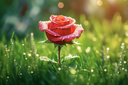 Red rose growing in the green grass and water drops, generative aiの素材