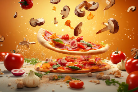Pizza ingredients flying above the pizza on the kitchen table, generative aiの素材