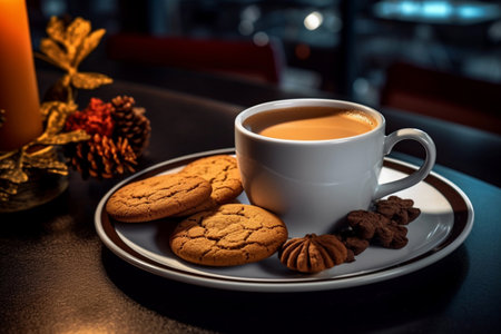 Coffee in a cup and fresh cookies, generative aiの素材