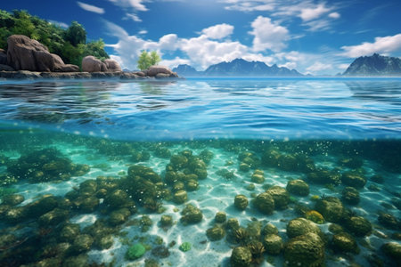 Landscape view under and above sea clear water, generative aiの素材