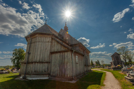 Przysiolek, Lubelskie, Poland - May 14, 2023: Historic wooden Roman Catholic Church from 1746, rear viewのeditorial素材