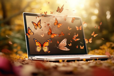 Beautiful butterflies flying out of a laptop, generative aiの素材