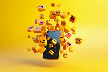 Flying square yellow emoticons next to a smartphone, generative aiの素材