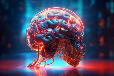 Futuristic human skull and brain in blue lighting, generative aiの素材