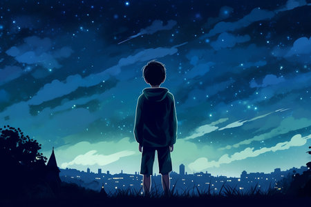 A single boy looking at the city skyline and starry blue sky, generative aiの素材