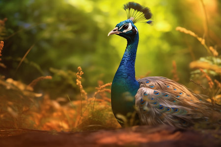 Colorful beautiful male peacock standing in the tall grass, generative aiの素材