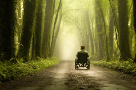 Man in a wheelchair in an alley of green trees, generative aiの素材