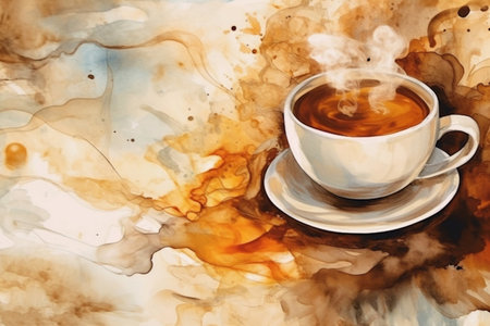 Graphic pastel background of one coffee in a cup, generative AIの素材