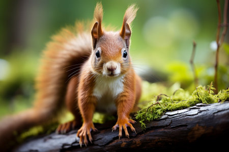 Single red squirrel sits on a tree trunk, generative aiの素材