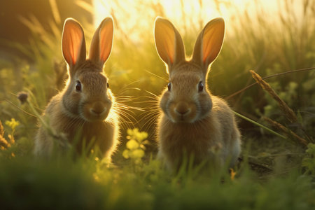 Two rabbits sitting in the grass backlit by the sun, generative aiの素材