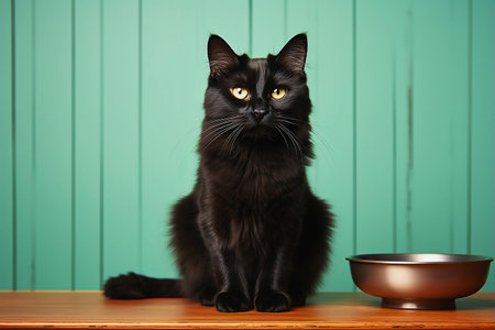 Single black cat sitting next to a bowl, generative aiの素材